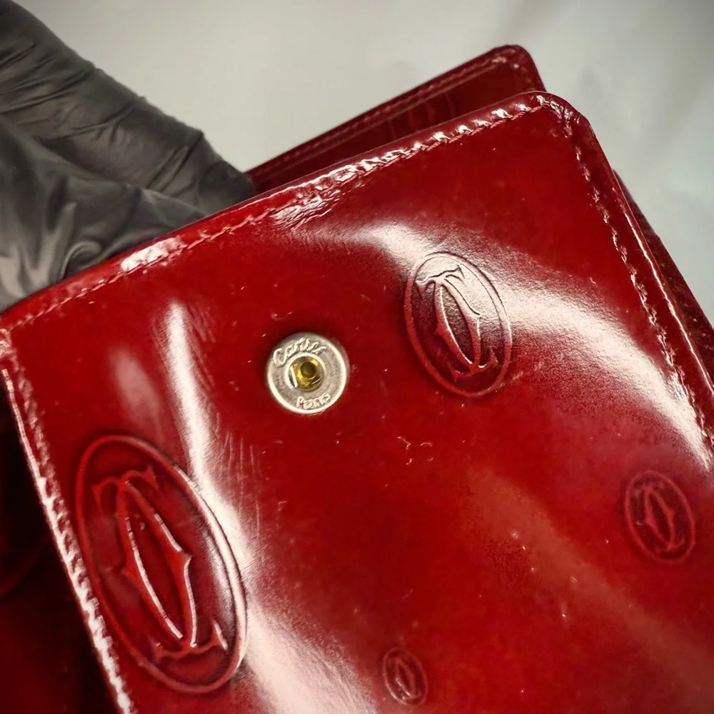 Cartier Paris Happy Birthday Red Patent Leather Bifold Wallet Logo Embossed